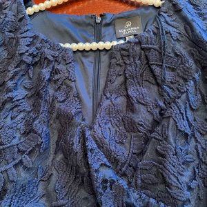 NWT ADRIANNA PAPPELL BLUE LACE FAUX-WRAP PLEAT DRESS.  SIZE 12.